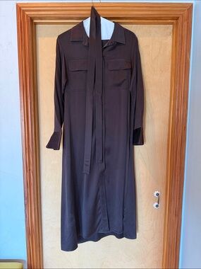 Madewell Brown Tie-Neck Long Sleeve Shirt Dress